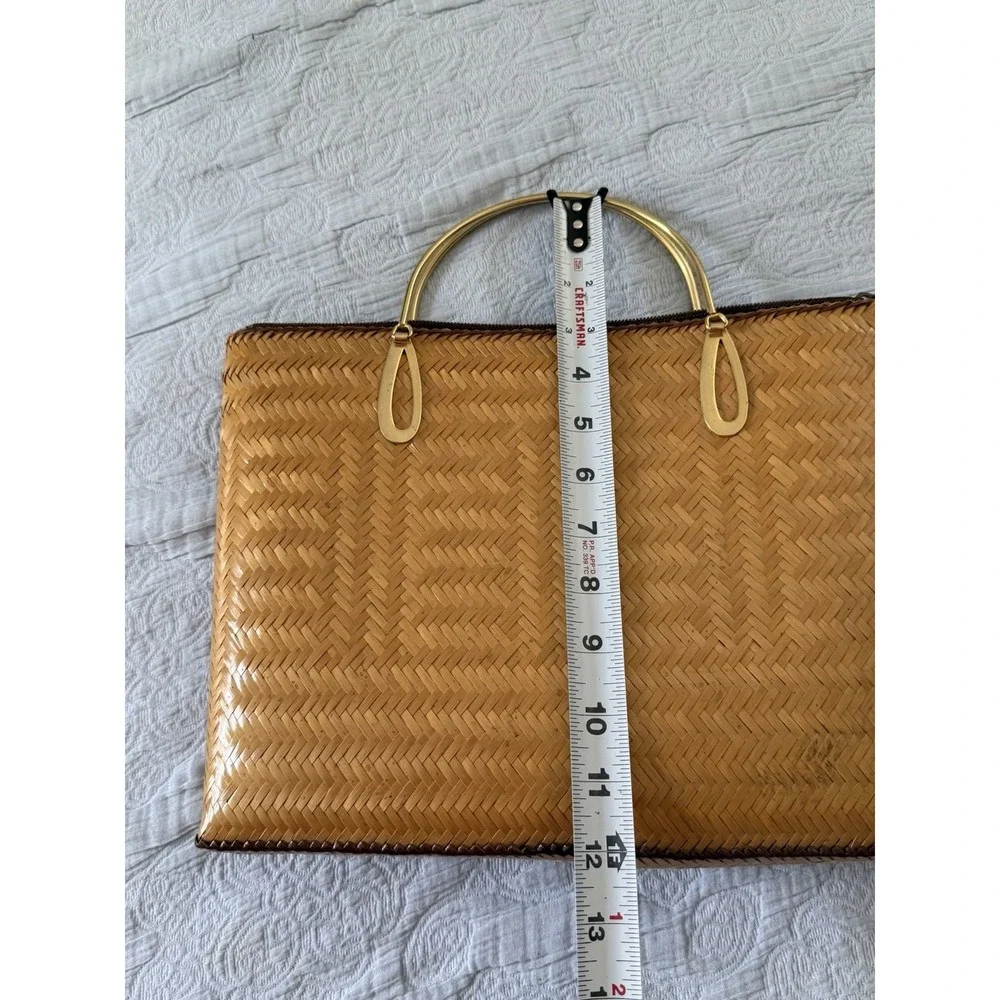 Rattan Woven Bag Carry Case Small Vintage Tote Purse Gold Handle 70s Beach